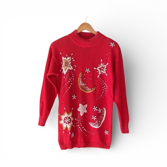 VTG Moon Sta by P Galli Designs Red Embellished Mock Neck Sweater Size - Picture 3 of 8